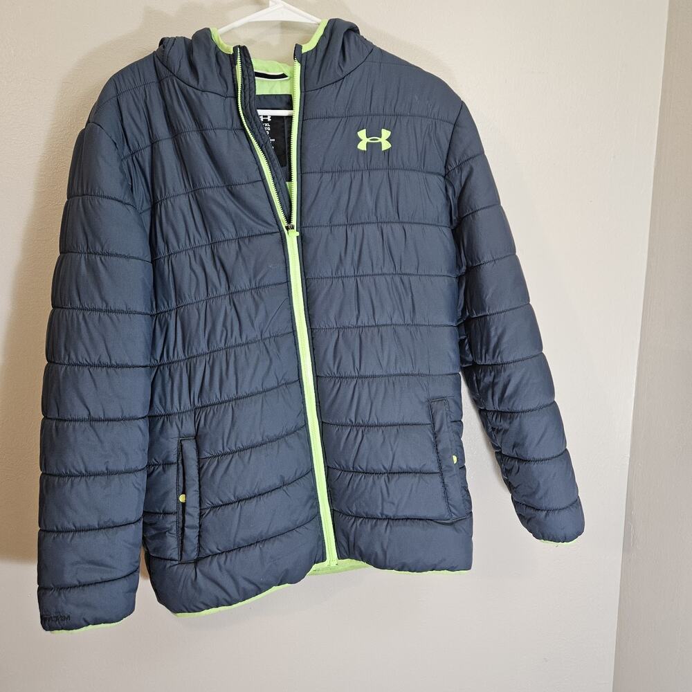 Under Armour ColdGear Hooded Insulated Puffer Jacket YXL Navy Green Outdoor Cozy